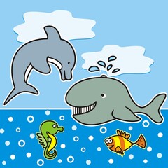 Zeeleven, dolfijn, walvis, vis en zeepaardje, grappige vectorillustratie