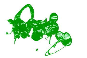 Green paint stains, color spillage drops isolated on white background, top view