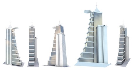 5 renders of fictional design tall buildings with helipad with blue cloudy sky reflection - isolated on white, side view 3d illustration of skyscrapers