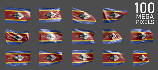 14 various pictures of Swaziland flag isolated on grey background - 3D illustration of object