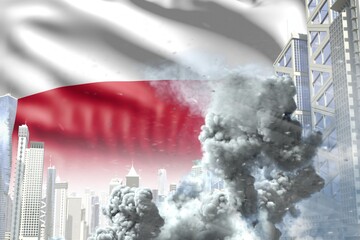 big smoke column in abstract city - concept of industrial catastrophe or act of terror on Poland flag background, industrial 3D illustration