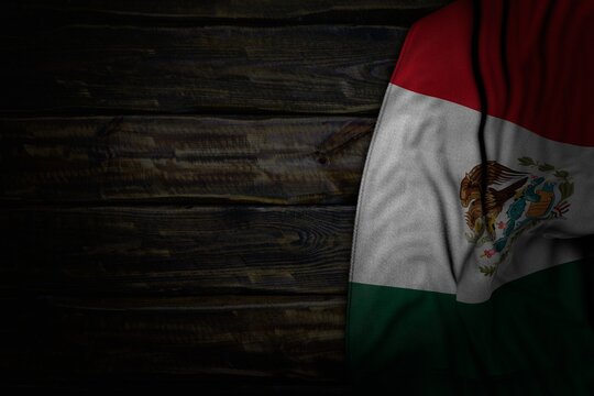 wonderful anthem day flag 3d illustration. - dark picture of Mexico flag with big folds on old wood with free space for your content