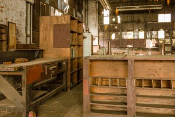 Various wooden storage units in an abandoned factory in the deep south