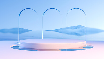 Fototapeta na wymiar 3d render round podium on water with glass wall, arch and mountains. Minimal mockup for product presentation banner. Modern design promotion mock up. Geometric background with empty space.