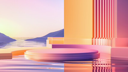 3d render round platform on water with yellow wall panels. Minimal landscape mockup for product showcase banner in sunset colors. Modern design promotion mock up. Geometric background with empty space
