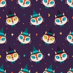 Fotobehang Halloween seamless vector pattern with cute cat characters. Smiling  cats in witch hats, surrounded by stars in the night sky. © Anna Kitaeva