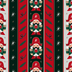 Christmas seamless striped vector pattern with winter decorative elements on the dark green, red and white backgrounds. Festive elements: nutcracker, fir tree, star, confetti, ribbon.