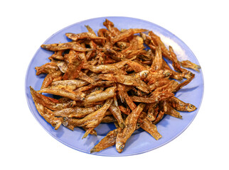 crispy deep-fried fish small in a plate, small fish fry salt