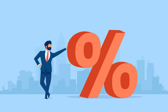 Vector of a business man standing next to a red big percentage symbol on a cityscape background - Powered by Adobe