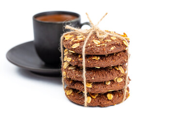 delicious cookies and a cup of coffee. Isolated on white background	