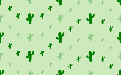 Seamless pattern of large and small green cactus symbols. The elements are arranged in a wavy. Vector illustration on light green background