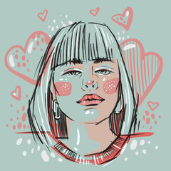 Hand-drawn portrait of young beautiful girl with hearts