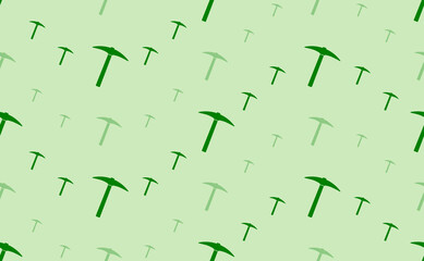 Seamless pattern of large and small green pickaxe symbols. The elements are arranged in a wavy. Vector illustration on light green background