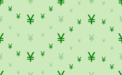 Seamless pattern of large and small green yuan symbols. The elements are arranged in a wavy. Vector illustration on light green background
