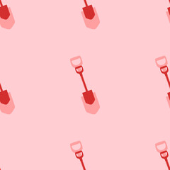 Seamless pattern of large isolated red shovel symbols. The elements are evenly spaced. Vector illustration on light red background