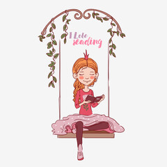 Cute little girl with crown reading a book on swing. Beautiful princess