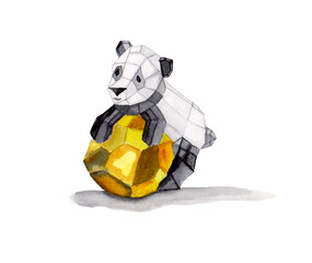 Watercolor illustration of a beautiful black and white panda with yellow ball for modern childish design, low poly style. Origami style of bamboo bear. © Veronika