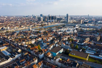 Fotobehang Brussels, Laeken, Belgium, April 8, 2020: Aerial view of Laeken street with tram rails © Eric Isselée