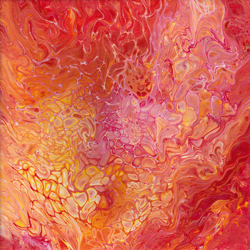 Abstract red orange background with bubbles, created with acrylic paint, poured paint, marbling paint