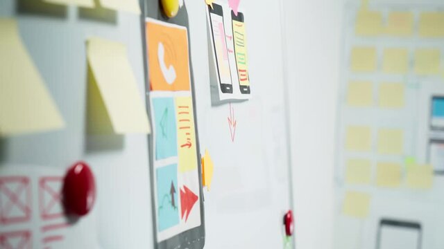Web designers develop app sketches with a smartphone. A team of creative people are working on a joint project for websites.