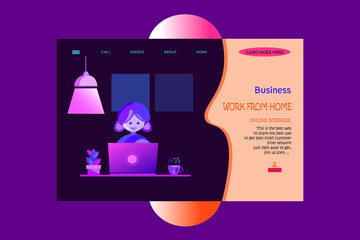 Landing page of girl work from home. UI, interface design, web template, mobile apps, cartoon illustration uses. 