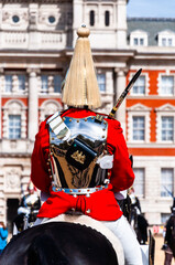 The Royal Guards in red uniform on horses, The Life Guards, Household Cavalry Mounted Regiment, parade ground Horse Guards Parade, Changing of the Guard, Old Admiralty Building, Whitehall, Westminster