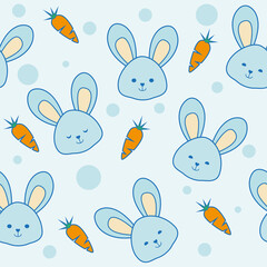 Cute bunnies seamless pattern vector. Rabbits and carrots cartoon style illustration for baby and kids background.