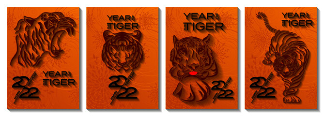 Set of vertical Chinese New Year vector backgrounds, banners, cards, posters. Oriental zodiac symbol of 2022. Chinese New Year 2022 Year of Tiger. 