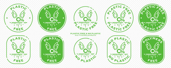 A set of conceptual stamps for packaging products. Marking - no plastic. Stamp - zero percent with wings - a symbol of free. The current line is the symbol for absorbable, biodegradable products. Vect