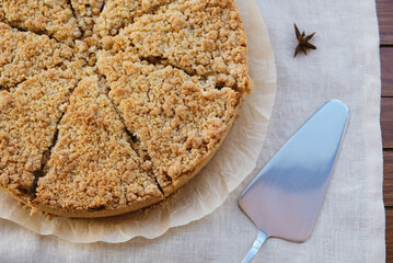 Freshly baked homemade double crutsed apple crumb pie. Sweet food from above,