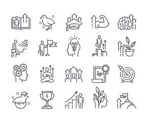 Fototapeta premium Black and white vector icons set of personal growth and self development outline icons. Containing such icons as training, newbie, new idea, skill Improvement, meditation and others.