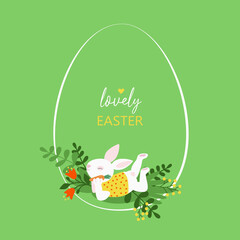 Easter cartoon funny Bunnies Easter Eggs and spring flowers on green background . Happy Easter gift card illustration flat