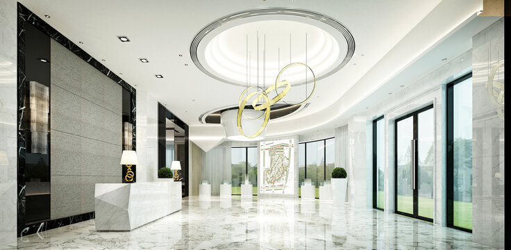 3d render of luxury hotel reception entrance hall