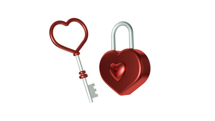 Key and lock in the shape of a heart isolated on a white background. 3d illustration