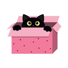 Black kitten peeking out of a decorated box, color isolated vector children's illustration in flat style, decor, icon, sticker, decoration