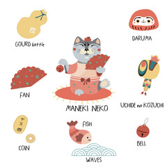 Japanese  talismans set. Cartoon style oriental symbols. Vector isolated items on white background.