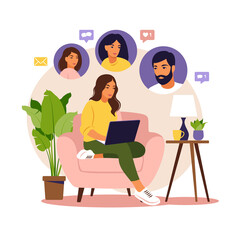 Vector illustration of a girl holding mobile phone with advertisement isolated on a white background. Concept of social promotion, refer a friend, refer and earn. Referal marketing.