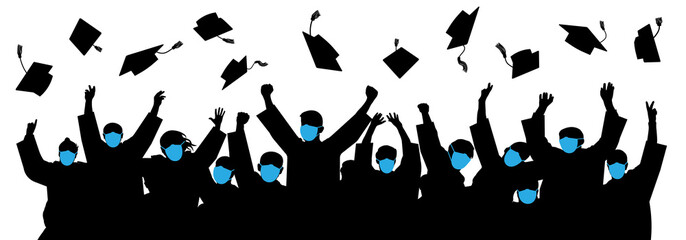 Masked graduates. Graduates throwing cap. Crowd of students. Graduates in an era of pandemic COVID-19 - obrazy, fototapety, plakaty