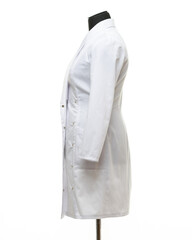 Medical gown hanging on a mannequin, side view, isolated on white background