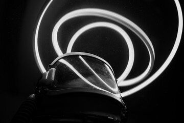 Cinematic abstract concept of an astronaut with ring lights