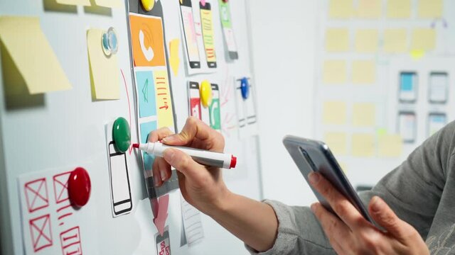 Web designers develop app sketches with a smartphone. A team of creative people are working on a joint project for websites.