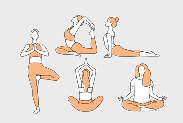 Woman practices yoga and takes poses. Line art