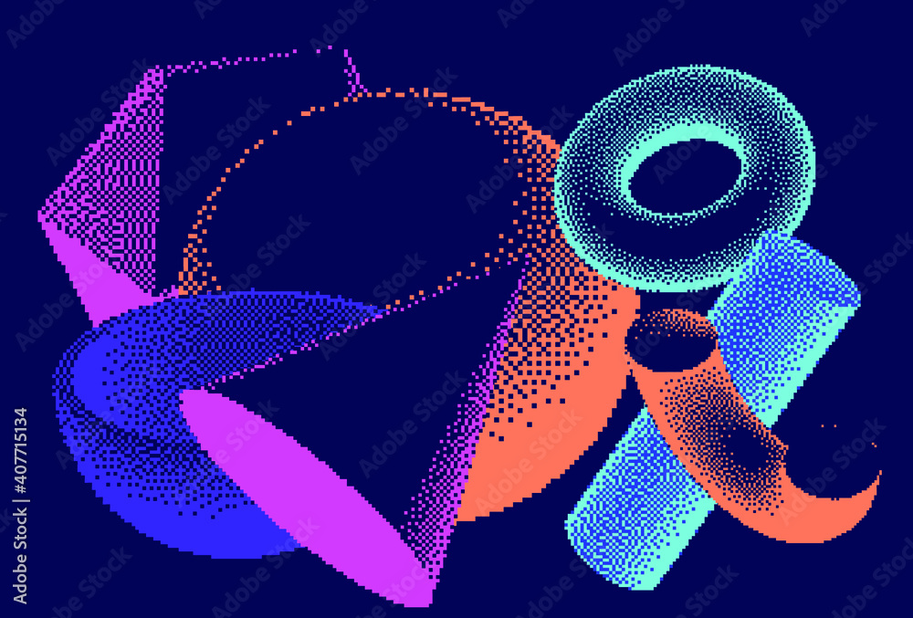 Poster set of abstract 3d shapes: sphere, torus and icosahedron. vaporwave and retrowave pixel art style il