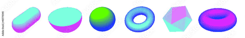 Poster set of abstract 3d shapes: sphere, torus and icosahedron. vaporwave and retrowave pixel art style il