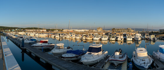 panorama view of the marina and harbor in Barbate at sunset
