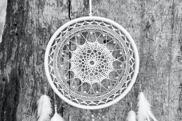 Handmade dream catcher with feathers threads and beads rope hanging. Color of the year 2021