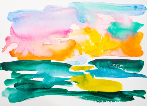 Abstract vibrant landscape watercolor painting