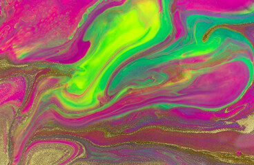 Gold glitter texture on fluorescent inks marble background.