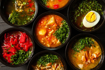 Business lunch in eco plastic container ready for delivery.Top view. Office Lunch boxes with food ready to go. Food takes away. Catering, brakfast