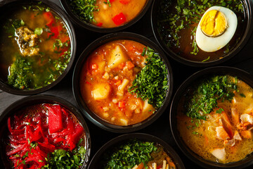 Business lunch in eco plastic container ready for delivery.Top view. Office Lunch boxes with food ready to go. Food takes away. Catering, brakfast